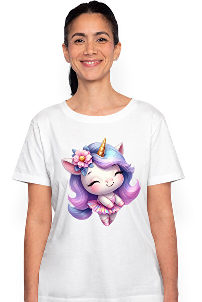 StoryGift Romania Tricou Femei cu un unicorn care danseaza balet, ilustratie, rochita, floare, imb WHT_L