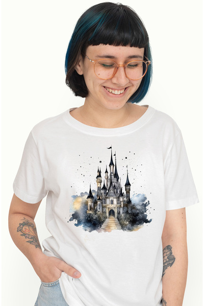 StoryGift Romania Women's T-shirt with a palace like in fairy tales, illustration, Disneyland, painted, the world of WHT_L