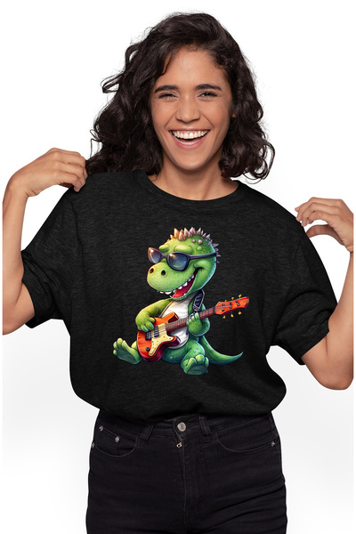 StoryGift Romania Tricou Femei cu un dinozaur verde care canta la chitara, ta...