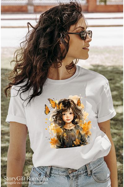 StoryGift Romania Women's T-shirt with a cute little girl, illustration, black hair, orange butterflies, WHT_L