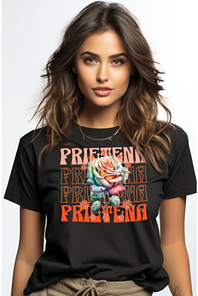 StoryGift Romania Tricou Femei Prietena - Trandafir Floare, cu imprimeu pe Fata, 100% Bumbac, Neg BLK_L