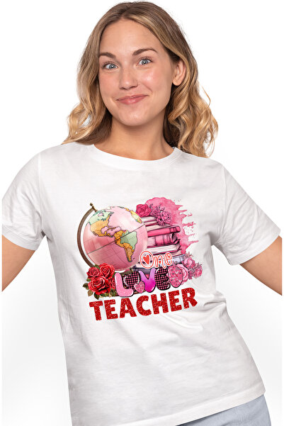 StoryGift Romania Tricou Femei cu globul pamantesc si cu un teanc de carti cu mesajul "One Loved T WHT_L