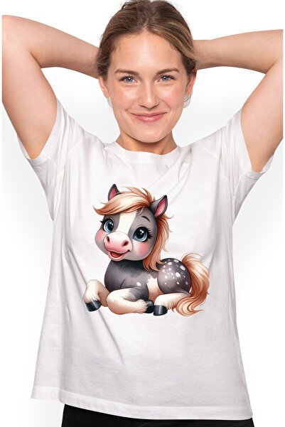 StoryGift Romania Tricou Femei cu o femela ponei fericita, ilustratie, sta degeaba, animalut de co WHT_L