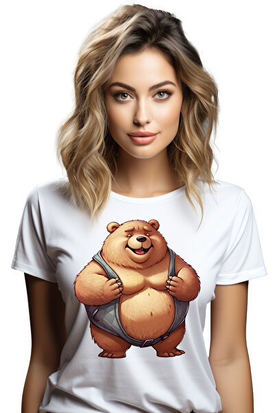 StoryGift Romania Tricou Femei cu un urs foarte gras, ilustratie, obez, padur...