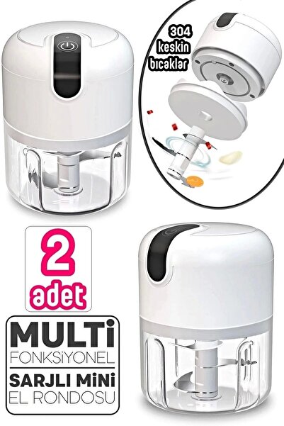 Maridet 2'li Şarjlı Mini El Rondosu Çelik 3 Bıçaklı 250 Ml Mutfak Robotu Hazneli Sebze Et Doğrayıc Rende