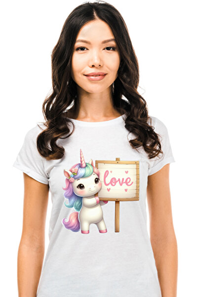 StoryGift Romania Tricou Femei cu un unicorn vesel, ilustratie, mesajul "Love...