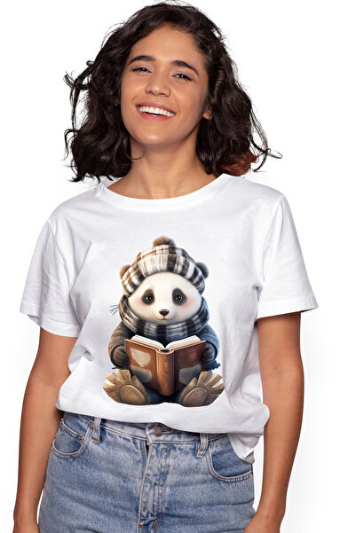 StoryGift Romania Tricou Femei cu un urs Panda care tine o carte deschisa, il...