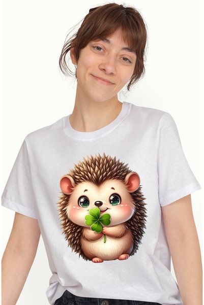 StoryGift Romania Tricou Femei cu un pui de arici, ilustratie, vesel, ochi ve...