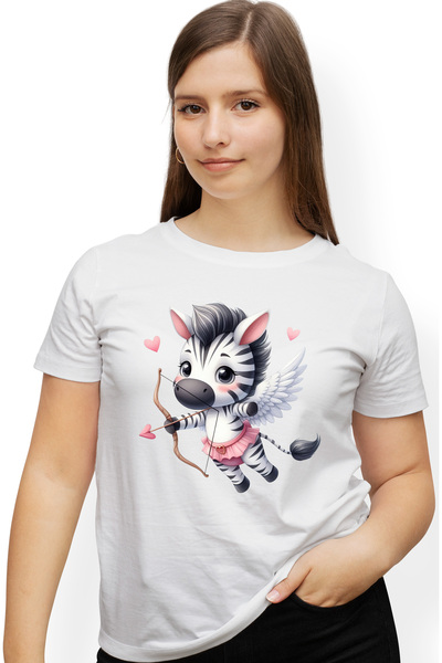 StoryGift Romania Tricou Femei cu o zebra Cupidon, ilustratie, trage cu arcul, inimioare, fusta, V WHT_L