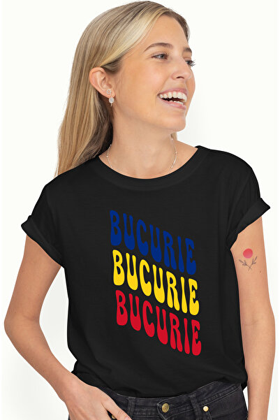 StoryGift Romania Tricou Femei Cuvantul Bucurie, in Culorile Steagului Romani...