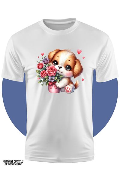 StoryGift Romania Tricou Copii Cu Un Catelus Vesel Si Imbujorat Care Are Un Ghiveci Cu Trandafiri, Ilustrati