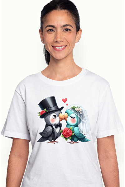 StoryGift Romania Tricou Femei cu 2 papagali la nunta, ilustratie, iubire, mi...