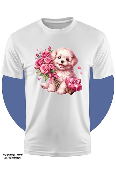 StoryGift Romania Tricou Copii Cu Un Catel Blanos Si Grasut Care Tine Un Buchet Cu Trandafiri, Vesel, Ilustr