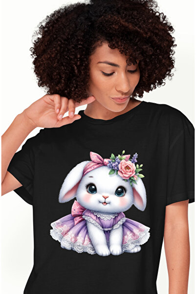 StoryGift Romania Tricou Femei cu o iepuroaica vesela care poarta o rochita, mov, imbujorata, flor BLK_L