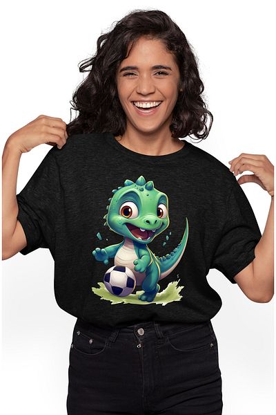 StoryGift Romania Women's T-shirt with a green dinosaur playing football, illustration, match, training BLK_L