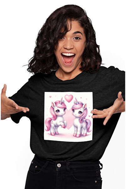 StoryGift Romania Tricou Femei cu 2 unicorni, ilustratie, inimioare, bucurie,...