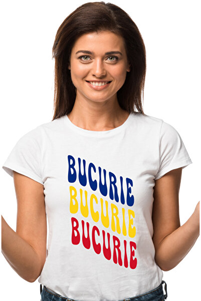 StoryGift Romania Tricou Femei Cuvantul Bucurie, in Culorile Steagului Romani...
