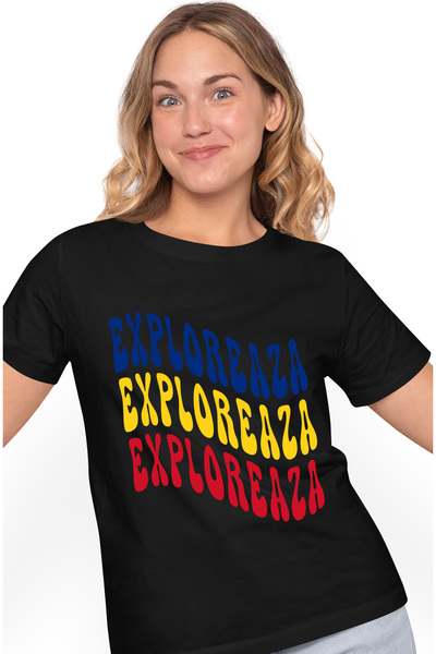 StoryGift Romania Tricou Femei Cuvantul Exploreaza, in Culorile Steagului Rom...