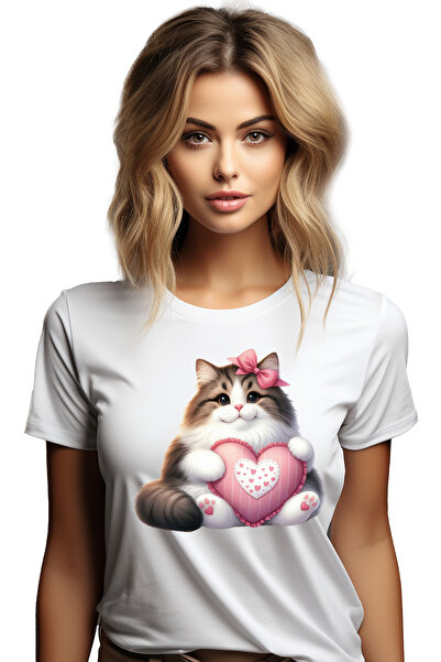 StoryGift Romania Tricou Femei cu o pisica grasuta, ilustratie, inimioare, fu...