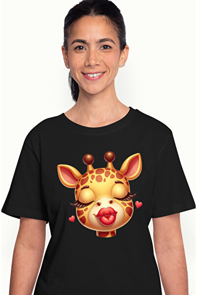 StoryGift Romania Tricou Femei cu o girafa care da un pupic, ilustratie, Valentine's Day, aprecier BLK_L