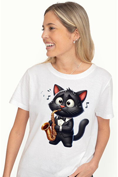 StoryGift Romania Tricou Femei cu o pisica neagra care canta la saxofon, ilustratie, emotionata, c WHT_L