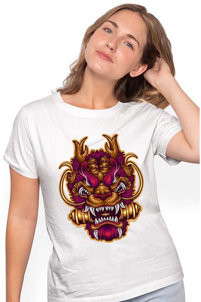 StoryGift Romania Tricou Femei Cu Dragon, Masca, Colti, Asiatic, Multicolor cu imprimeu pe Fata, WHT_L