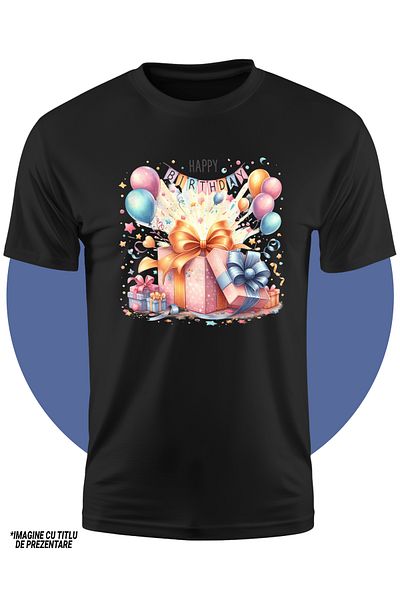 StoryGift Romania Tricou Copii Cu Un Cadou Deschis Cu Mesajul "happy Birthday", Ilustratie, Baloane De Difer