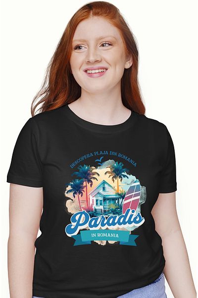 StoryGift Romania Tricou Femei Paradis - Descopera Plaja din Romania, cu imprimeu pe Fata, 100% B BLK_L