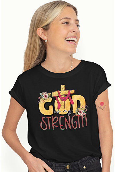 StoryGift Romania Tricou Femei cu mesajul "God is my strength", religie, ilus...