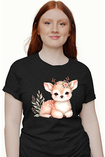 StoryGift Romania Tricou Femei cu un pui de caprioara, ilustratie, floare, im...