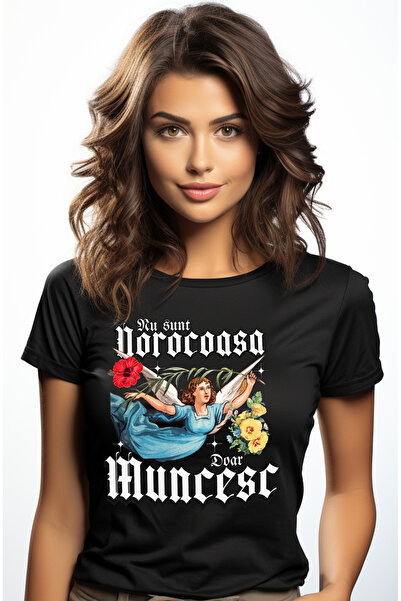 StoryGift Romania Tricou Femei fata Inger Text Motivational Nu Sunt Norocoasa Doar Muncesc cu impr BLK_L