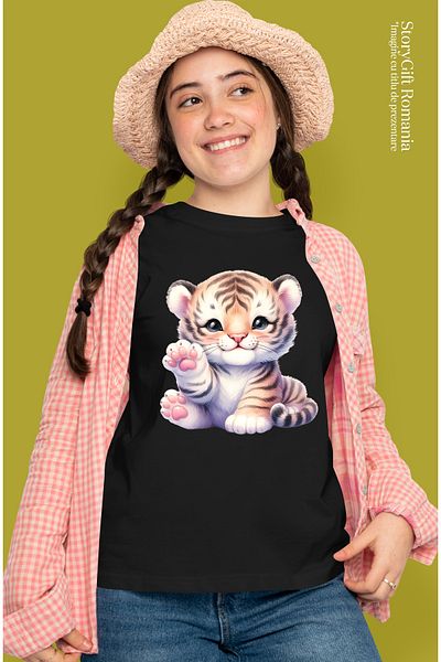 StoryGift Romania Women's T-shirt with a cheerful tiger cub, illustration, playful, raises its paw, makes a c BLK_L