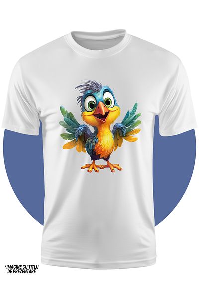 StoryGift Romania Tricou Copii Cu O Pasare Vesela, Ilustratie, Pene Divers Colorate, Jucausa, Pentru Copii,