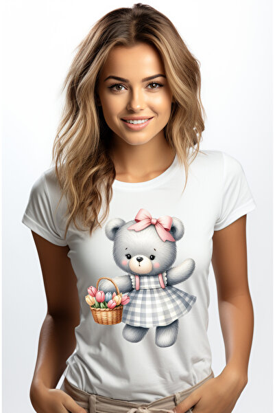 StoryGift Romania Tricou Femei cu o ursoaica in rochie, ilustratie, tine un c...
