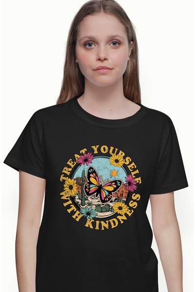 StoryGift Romania Tricou Femei cu mesajul "Treat yourself with kindness", ilu...