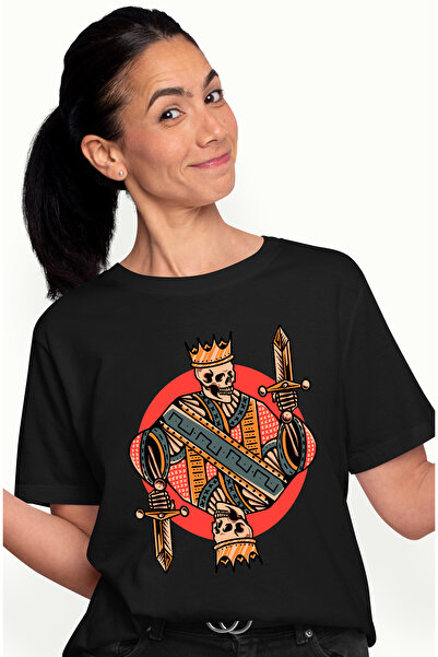 StoryGift Romania Tricou Femei Cu Schelet, Rege, Sabie, Coroana, Carte De Joc, Multicolor cu impr BLK_L