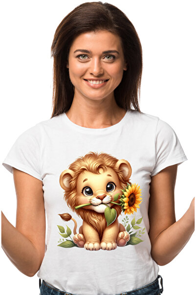 StoryGift Romania Tricou Femei cu un pui de leu vesel care tine o floare, ilu...