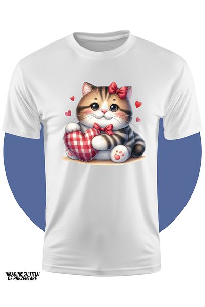 StoryGift Romania Tricou Copii Cu O Pisicuta Plinuta, Ilustratie, Inimioare, Afectiune, Imbujorata, Funda, G