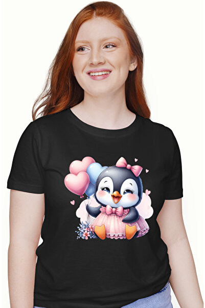 StoryGift Romania Tricou Femei cu un pinguin vesel, ilustratie, baloane, inim...