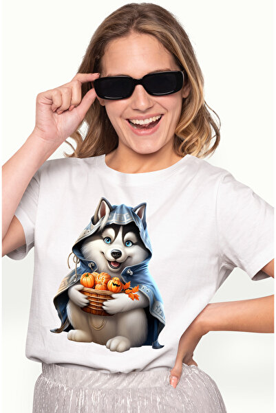 StoryGift Romania Tricou Femei cu un caine Husky care tine un cos cu dovleci,...