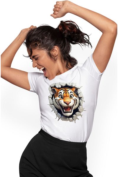 StoryGift Romania Women's T-shirt with an aggressive tiger sticking its head out of a destroyed wall, illustrious WHT_L