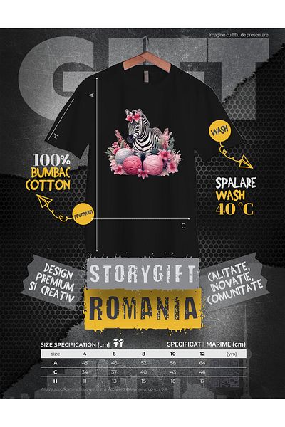 StoryGift Romania Tricou Copii Cu O Zebra, Ilustratie, Floricele, Gheme De Ata, Plante, Natura, Animal, 100