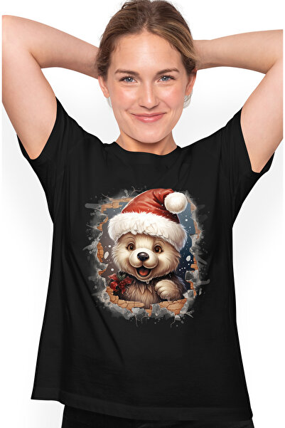 StoryGift Romania Tricou Femei cu un ursulet cu caciula de Craciun, vasc, per...