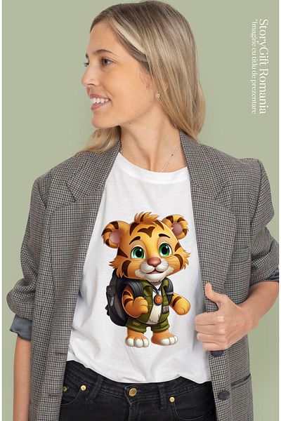 StoryGift Romania Women's T-shirt with an explorer tiger, illustration, green eyes, equipped, backpack, WHT_L