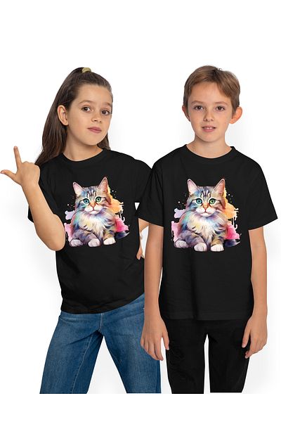 StoryGift Romania Children's T-shirt with a little scared kitten, illustration, color spots, painting, watercolors,