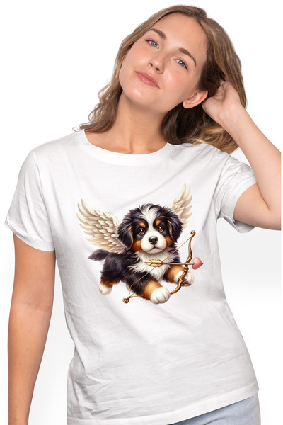 StoryGift Romania Tricou Femei cu un catelus blanos Cupidon, ilustratie, trag...