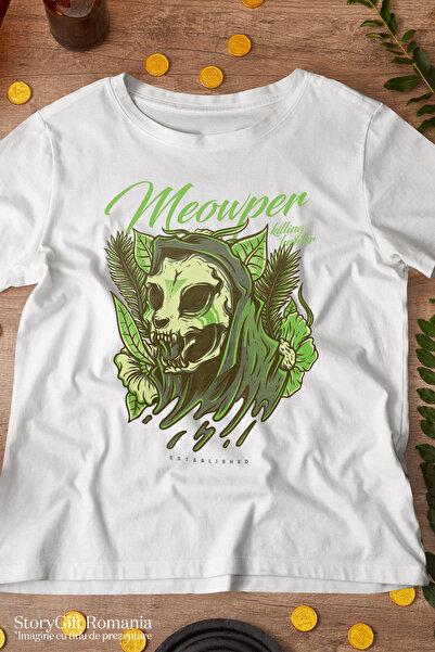StoryGift Romania Tricou Femei Cu Craniu Schelete Motan Pisica Monstru Din Jungla Text In Engleza WHT_L