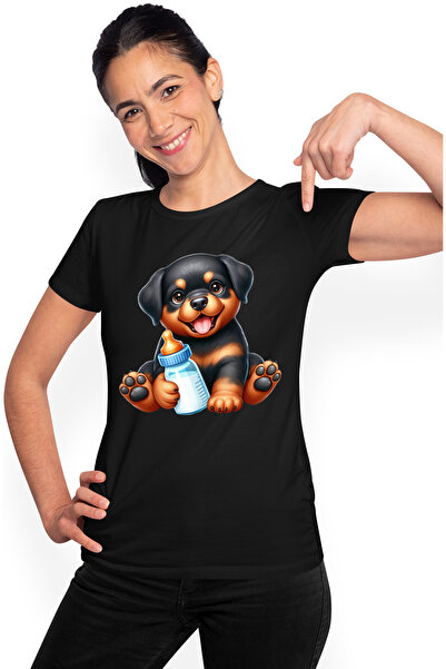 StoryGift Romania Tricou Femei cu un catelus Rottweiler care tine un biberon ...