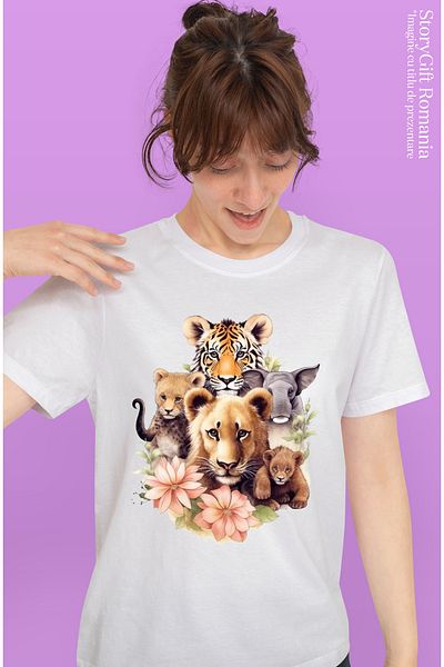 StoryGift Romania Tricou Femei Cu Animale Salbatice, Ilustratie, Jungla, Tigri, Floricele, Natura, Wht_,stg
