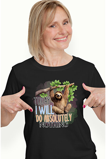 StoryGift Romania Tricou Femei cu animalul sloth/lenes cu mesajul "Today I Will Do Absolutely Noth BLK_L